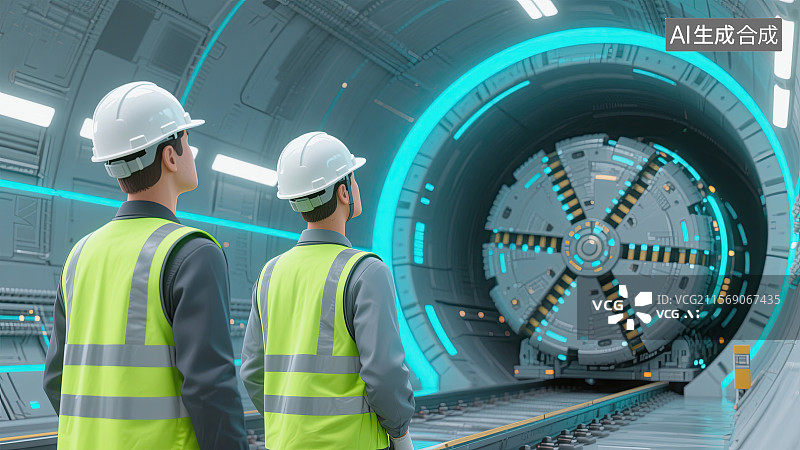 【AI数字艺术】3D，工程师，检查，盾构机，插画图片素材