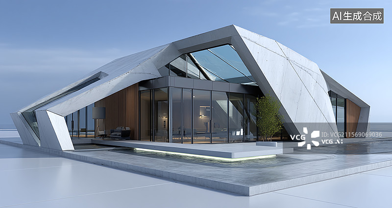 【AI数字艺术】汽车广告背景图，现代别墅，科技感建筑图片素材