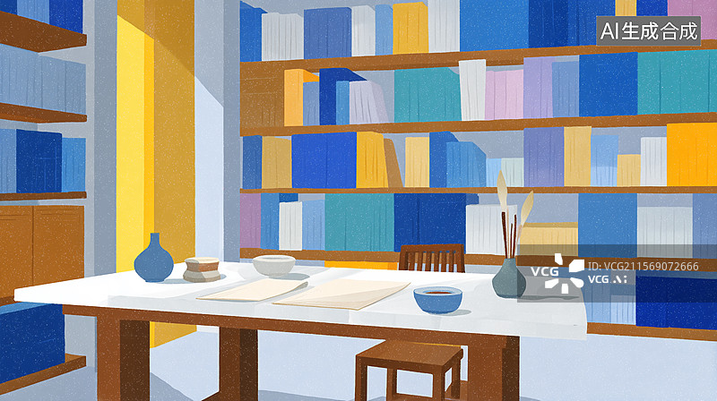 【AI数字艺术】中式书房文具陈设插画图片素材