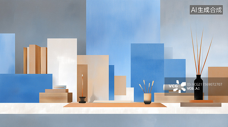 【AI数字艺术】中式书房文具陈设插画图片素材