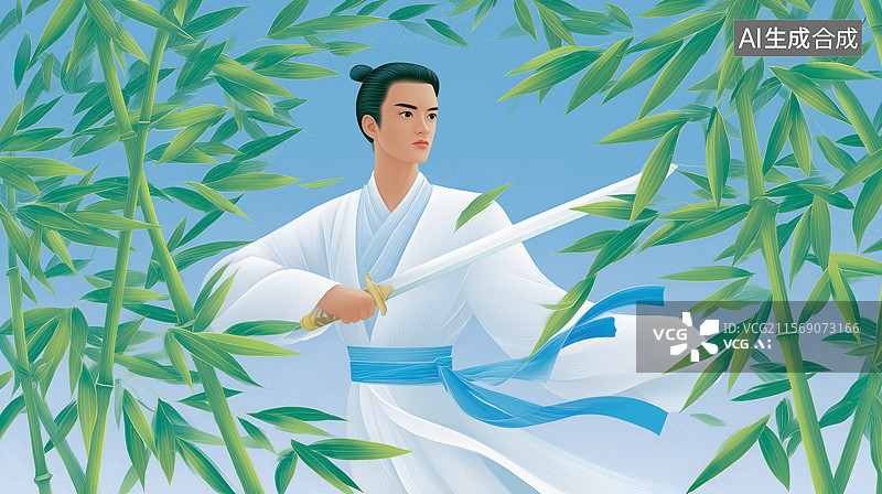 【AI数字艺术】竹林古装持剑人物插画图片素材