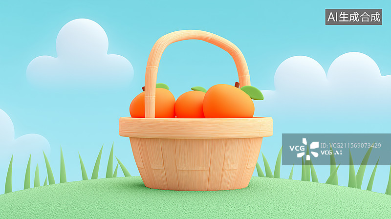 【AI数字艺术】草地上竹篮柿子插画图片素材