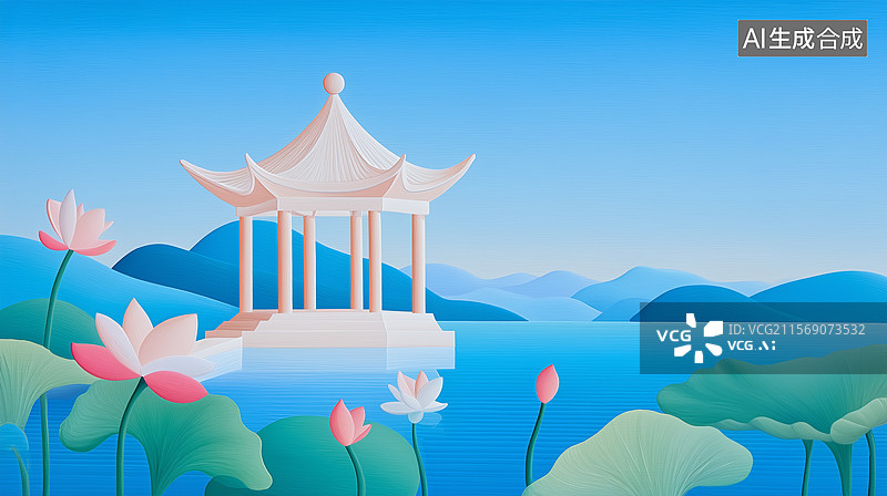 【AI数字艺术】湖畔荷花亭子风景插画图片素材