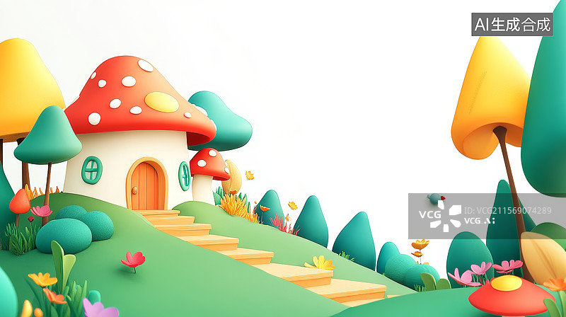 【AI数字艺术】卡通蘑菇屋与彩色树木的梦幻场景图片素材
