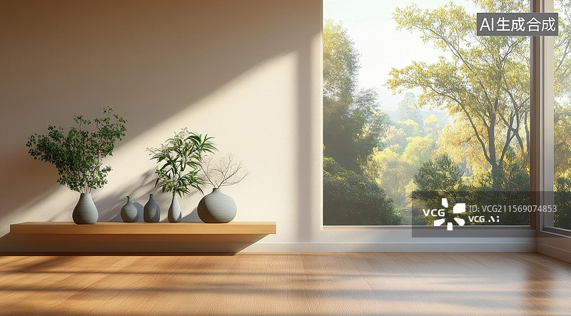 【AI数字艺术】室内窗边的植物和花瓶图片素材
