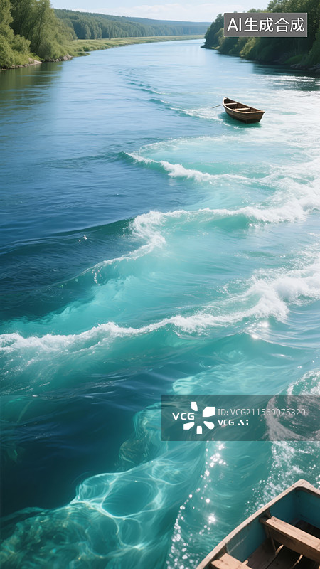 【AI数字艺术】小船在清澈的河流中航行图片素材