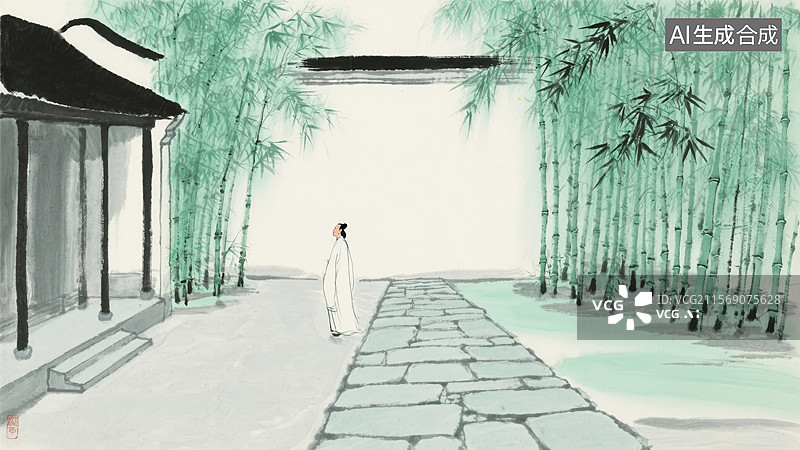 【AI数字艺术】竹林小径上的行人图片素材