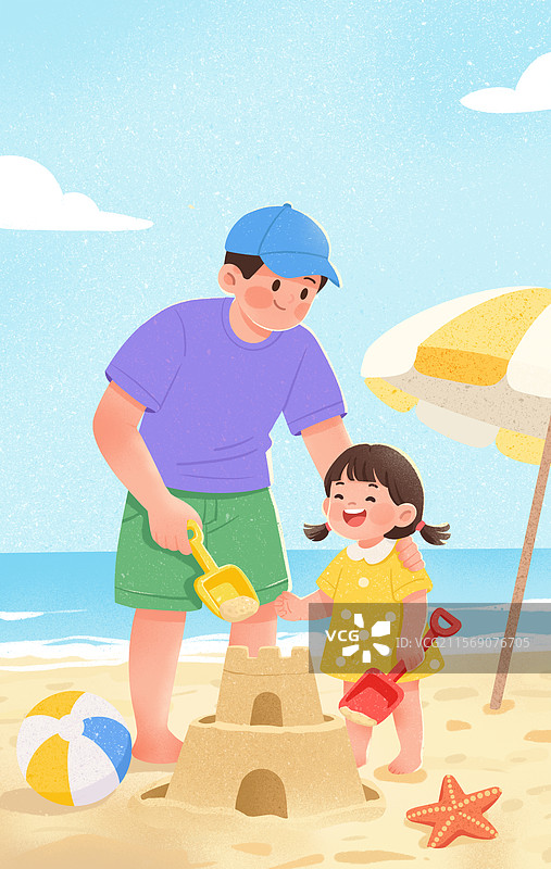 父女沙滩欢乐共筑沙堡图片素材
