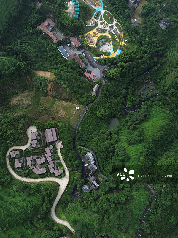 航拍清晨云雾缭绕中的高峰谷茶山风光图片素材