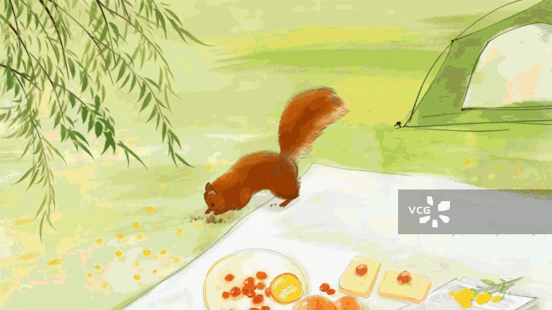 手绘 动画 夏天 户外 草地 露营 风景 松鼠 午餐 帐篷 食物 美味图片素材