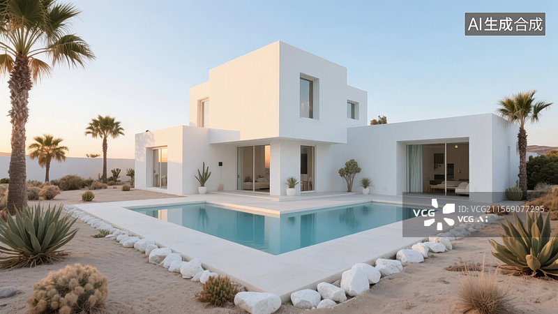 【AI数字艺术】现代白色别墅与游泳池图片素材
