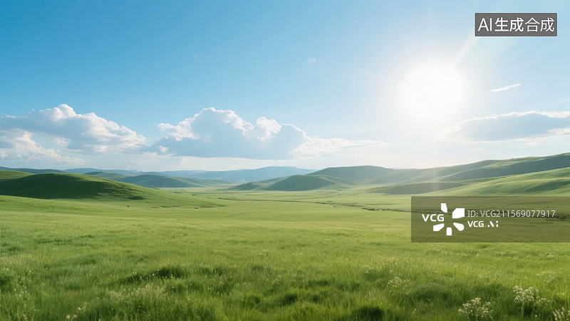 【AI数字艺术】阳光下的广袤草原图片素材