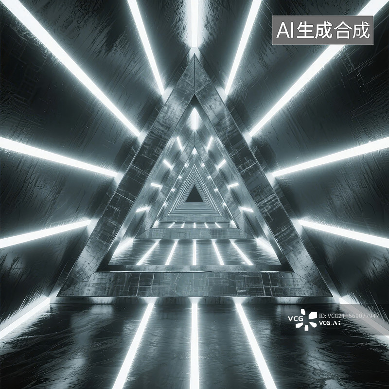 【AI数字艺术】发光三角形隧道图片素材