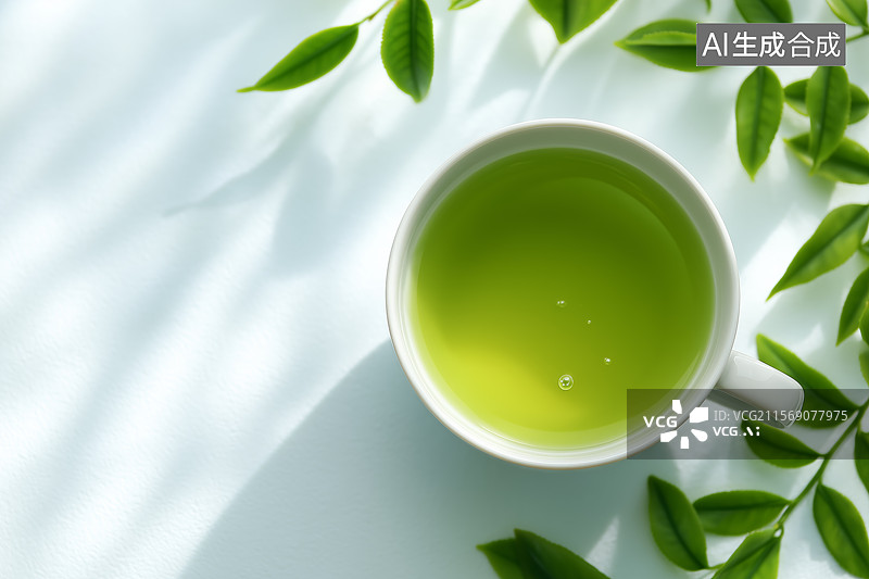 【AI数字艺术】白色茶杯茶汤茶色俯拍图图片素材