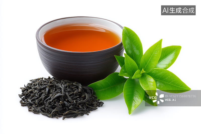 【AI数字艺术】茶杯装满茶汤和新鲜的茶叶图片素材