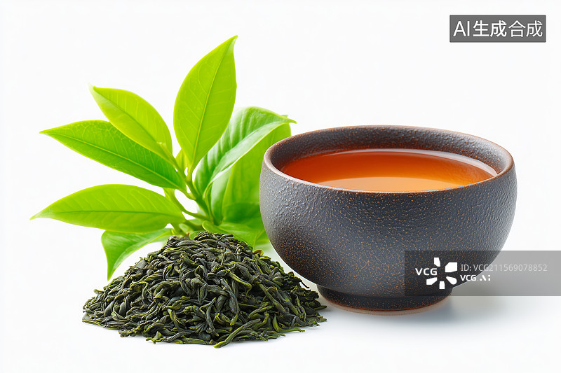 【AI数字艺术】茶杯装满茶汤和新鲜的茶叶图片素材