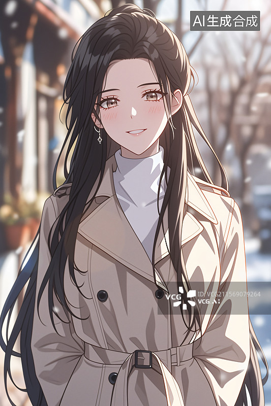 【AI数字艺术】冬天穿着大衣在户外，雪花飘落，雪天中的美女肖像图片素材