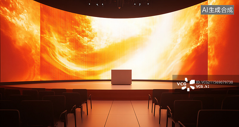 【AI数字艺术】橙色背景的商务会议或展会，展示了一个专业而充满活力的氛围，适用于产品发布、会议和公司活动，旨在促进商图片素材