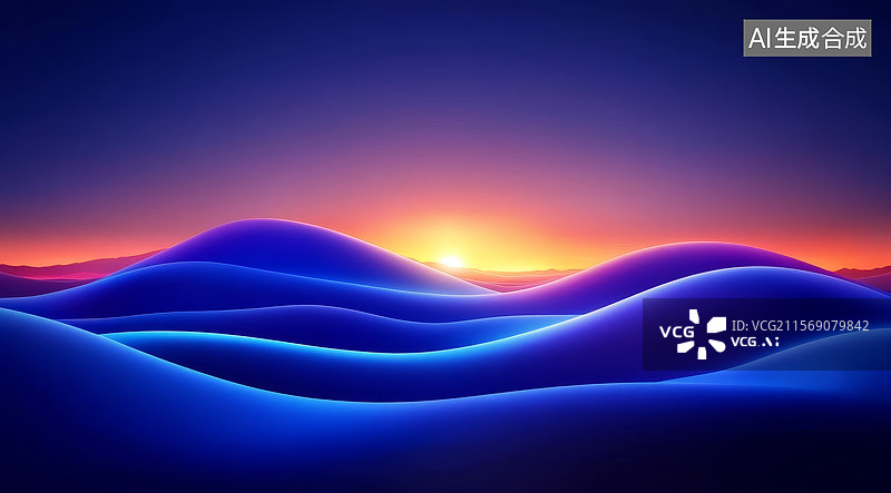 【AI数字艺术】日落时分的蓝色波浪景观图片素材