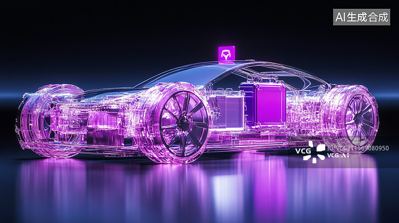 【AI数字艺术】新能源汽车概念，透视图展示紫色电池，象征着可持续汽车技术的创新与未来电动交通的前景。图片素材