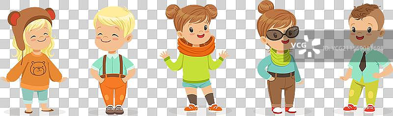 小孩子们穿着不同风格的时尚服装图片素材