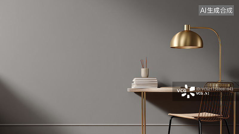 【AI数字艺术】现代简约办公桌与金色台灯图片素材