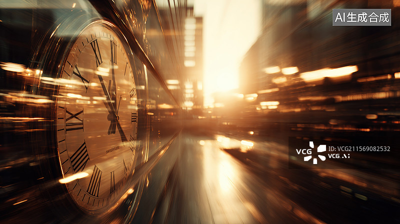 【AI数字艺术】时钟与城市光影图片素材