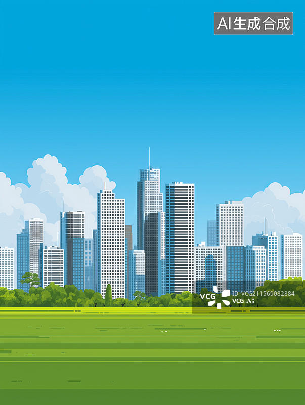 【AI数字艺术】竖图带草坪的城市天际线插图图片素材