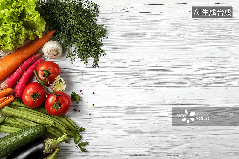 【AI数字艺术】新鲜蔬菜在白色木制背景上图片素材