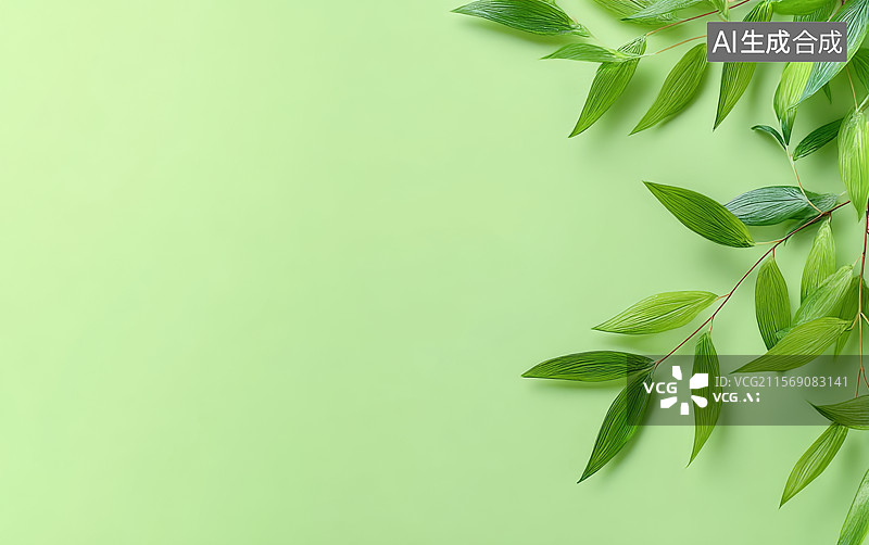 【AI数字艺术】绿色背景上的新鲜绿叶图片素材