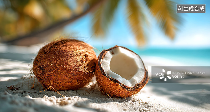【AI数字艺术】沙滩上的椰子图片素材