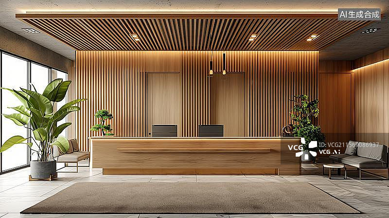 【AI数字艺术】现代酒店接待区一隅 现代建筑室内空间，办公室酒店前台  现代简约酒店大堂设计图片素材