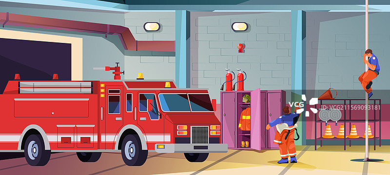 消防站车库火灾站卡通内部图片素材