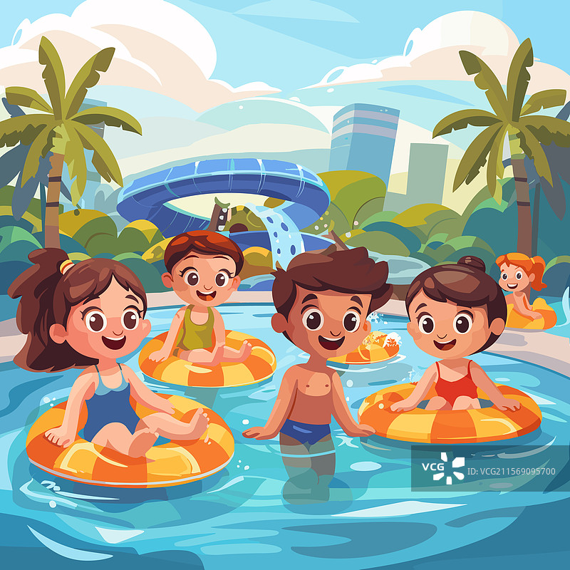儿童在水上乐园玩水池游戏图片素材