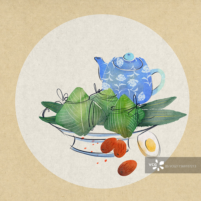 端午节中式古风美食粽子国画插画装饰画图片素材