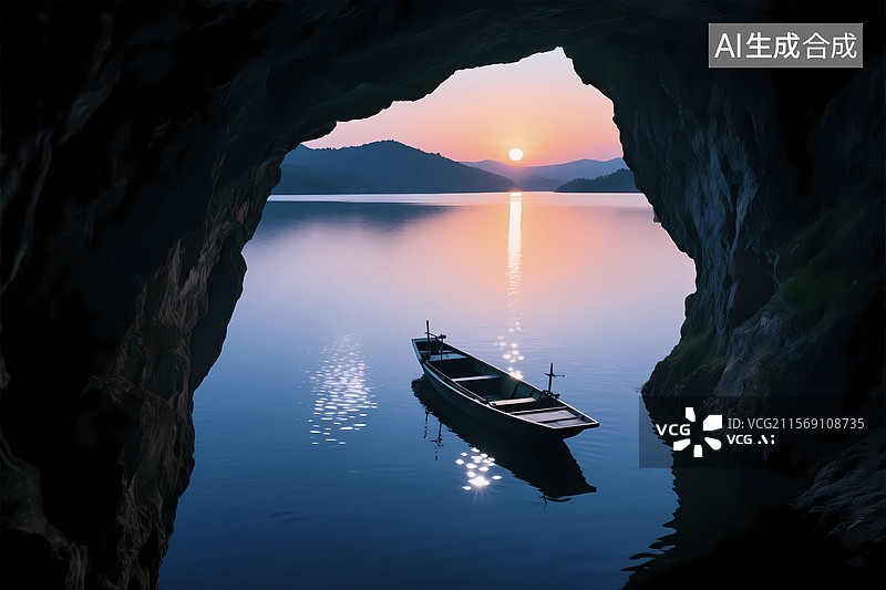 【AI数字艺术】岩洞清晨湖面小船风景图片素材