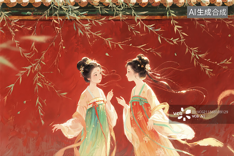 【AI数字艺术】金色阳光红墙古建筑国风古代美女插画图片素材