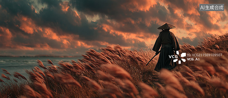 【AI数字艺术】苇草中的孤独剑客图片素材