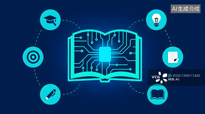 【AI数字艺术】蓝色科技电路书本教育概念背景图片素材