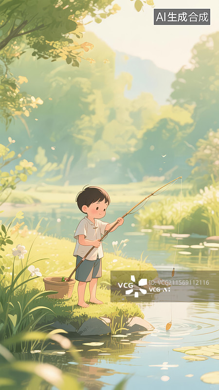 【AI数字艺术】喜爱天河边钓鱼的小男孩图片素材