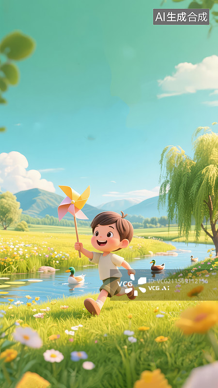 【AI数字艺术】草地上拿着风车奔跑的小男孩图片素材