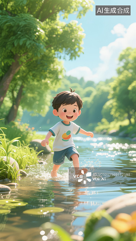 【AI数字艺术】夏天河边玩耍的小男孩插画图片素材