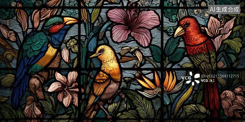 【AI数字艺术】彩色玻璃窗 鸟图片素材