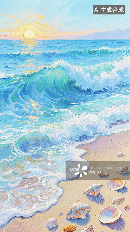 【AI数字艺术】日落时的海滩风景图片素材