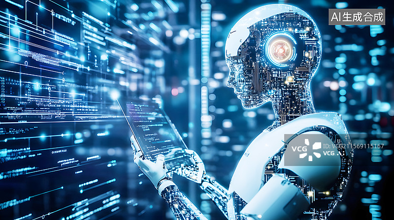 【AI数字艺术】AIGC：使用平板电脑的人工智能机器人图片素材