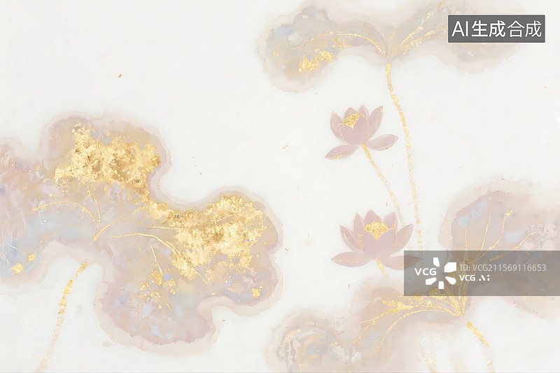【AI数字艺术】金箔岩彩荷花流体风格中国画图片素材