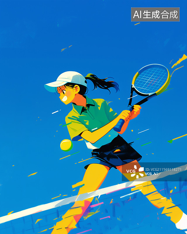【AI数字艺术】一个女孩戴着帽子在打网球体育运动插画图片素材