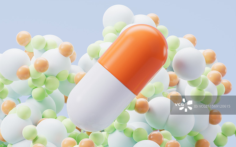 医药胶囊与粒子背景三维渲染图片素材