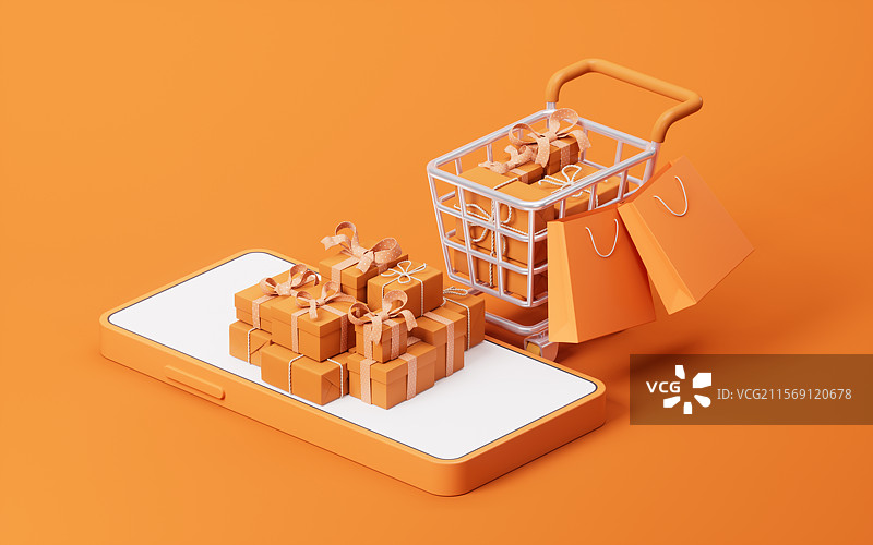 电商购物车与礼物盒三维渲染图片素材