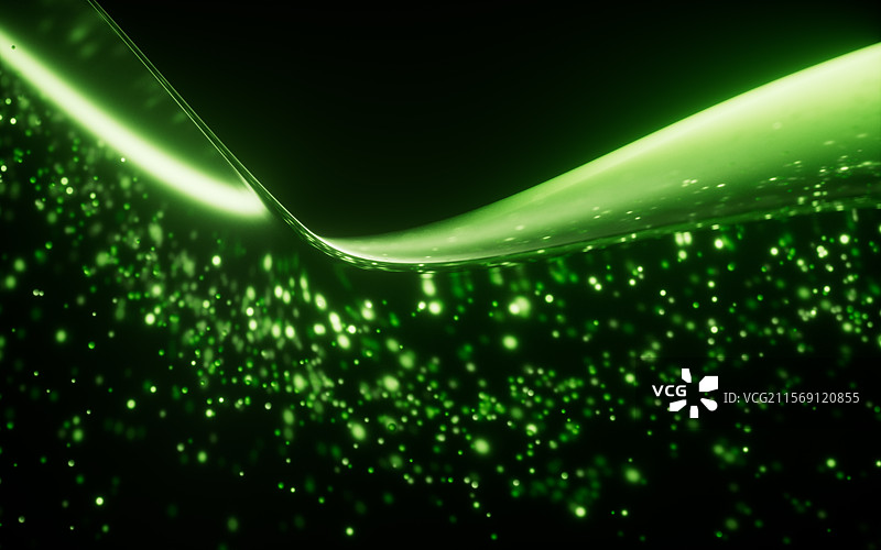 玻璃与绿色发光粒子背景三维渲染图片素材